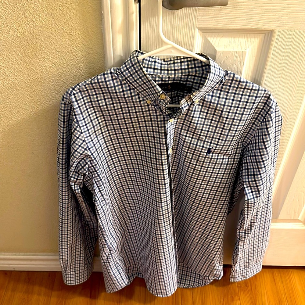 Ralph Lauren ,stripe blue and white shirt, emblem dark blue